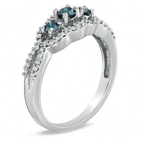 0 50 CT T W Enhanced Blue And White Diamond Three Stone Frame Ring In