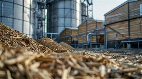 A close-up view of a bioenergy facility with large silos storing