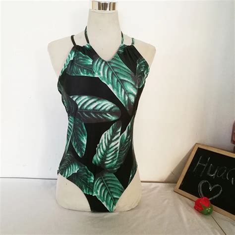 2018 Sexy One Piece Swimsuit Women Swimwear Green Leaf Bodysuit Bandage