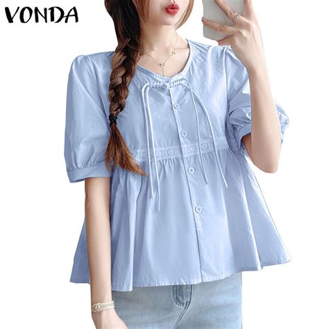 Vonda Women Korean Casual Crew Neck Solid Color Short Sleeve Blouse