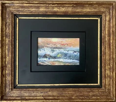 Ancien Tableau Xx Huile Paysage Marine Vagues Impressionnisme Coucher