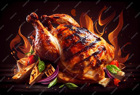 Premium Ai Image Chicken On Grill With Blazing Fire Flame Food And