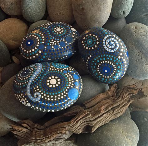 Hand Painted River Rocks Blue Luminescence Trio 12 Etsyme