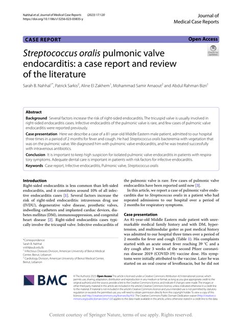 Pdf Streptococcus Oralis Pulmonic Valve Endocarditis A Case Report And Review Of The Literature