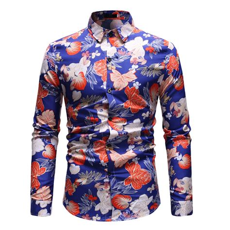 ☫mens Long Sleeve Hawaiian Shirt Summer Casual Floral Shirts For Men