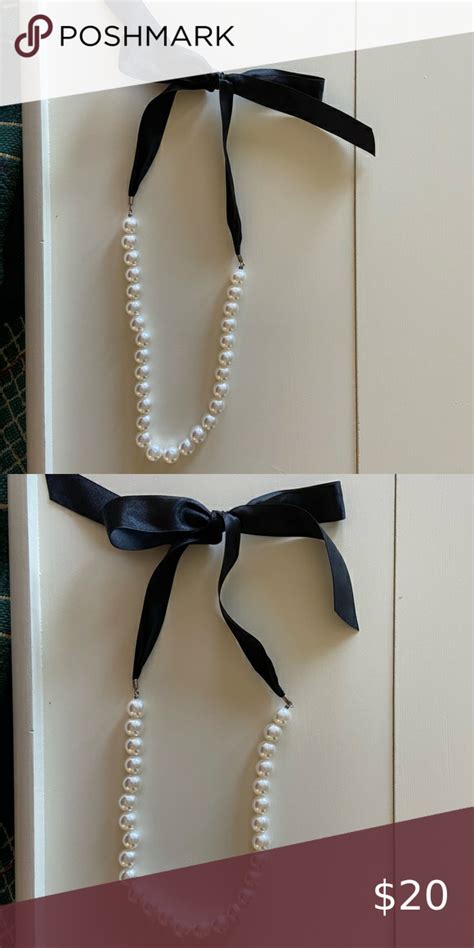 J Crew Pearl Necklace W Black Ribbon Tie Pearl Necklace Necklace