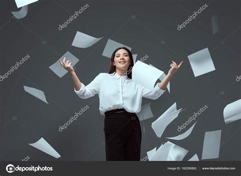 Smiling Young Businesswoman Throwing Papers Isolated Grey — Stock Photo