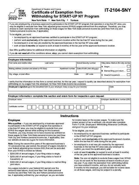 2022 Form Ny Dtf It 2104 Sny Fill Online Printable Fillable Blank