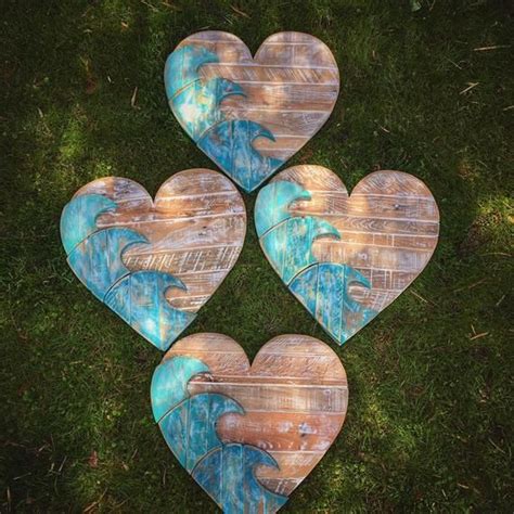 Blue Wave Heart Home Decore Rustic Reclaimed Wood Etsy Hanging