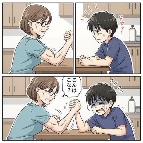 epic arm wrestling match mother  son comic strip ai art generator