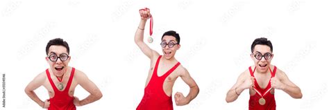 Funny wrestler with winners gold medal Stock Photo | Adobe Stock