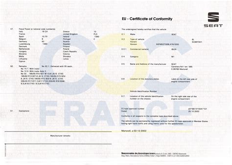 Certificat de conformité Seat COC Seat