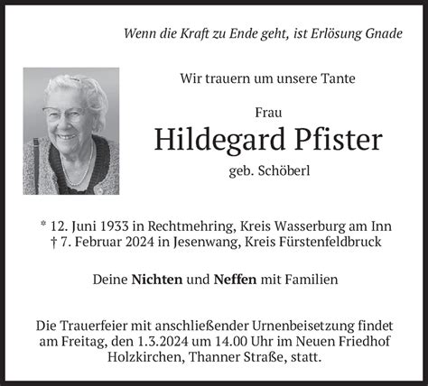 Traueranzeigen Von Hildegard Pfister Trauer Merkur De