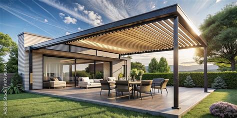 Trendy outdoor patio pergola shade structure with a modern awning and patio roof , patio ...