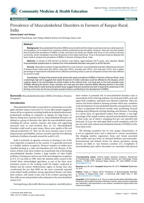 Pdf Prevalence Of Musculoskeletal Disorders In Farmers Of Kanpur