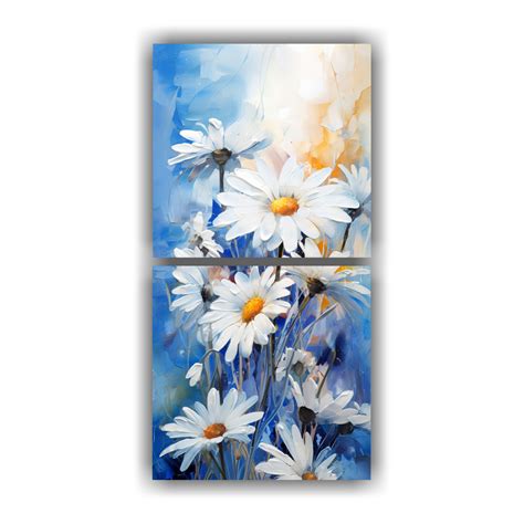 Pintura Abstracta De Flores Margaritas En Blanco Y Azul Set De 2