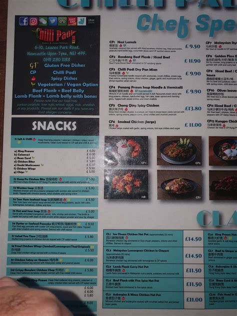 Menu At Chilli Padi Restaurant Newcastle Upon Tyne