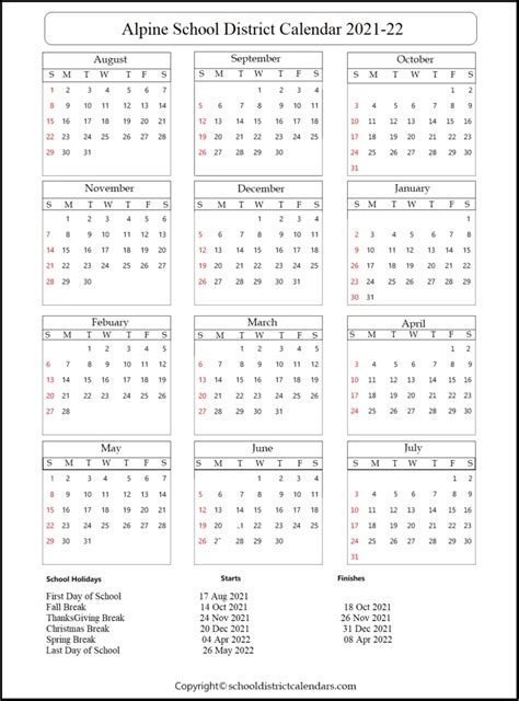 Alpine School District Calendar 2022-2023 With Holidays