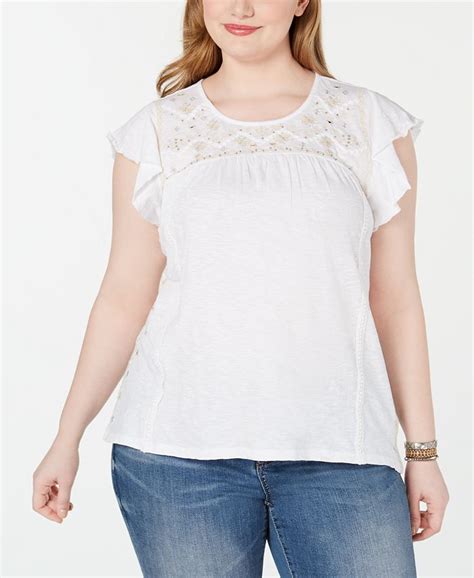 Style And Co Plus Size Cotton Lace Yoke Cap Sleeve Top Created For Macy