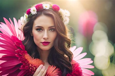 Premium Ai Image A Woman In A Red Dress With Flowers On Her Head And