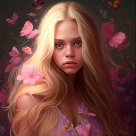 Una pintura de una niña con cabello rubio y mariposas Foto Premium