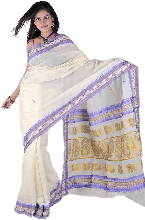 Cream Kasavu Sari From Kerala With Woven Peacocks On Aanchal In Golden