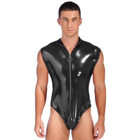 Iixpin Lingerie Cuir Verni Sexy Homme Bodysuit Wetlook Catsuit Moulant