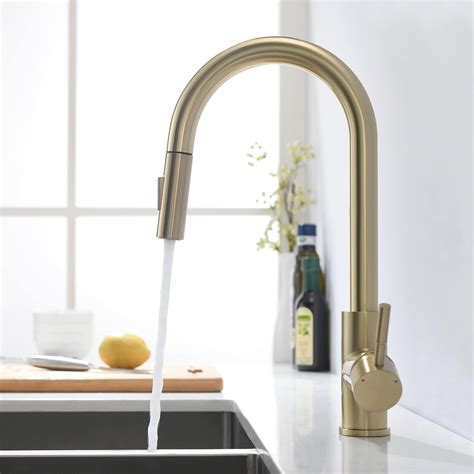 Timaco Brushed Gold Kitchen Faucet With Pull Out Sprayer Kitchen Faucet