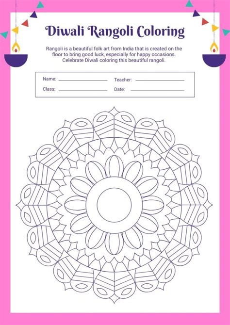 Free Diwali Rangoli Coloring Worksheet Template