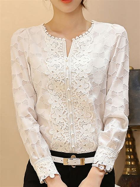 Split Neck Plain Lace Blouse Bloes Kleren