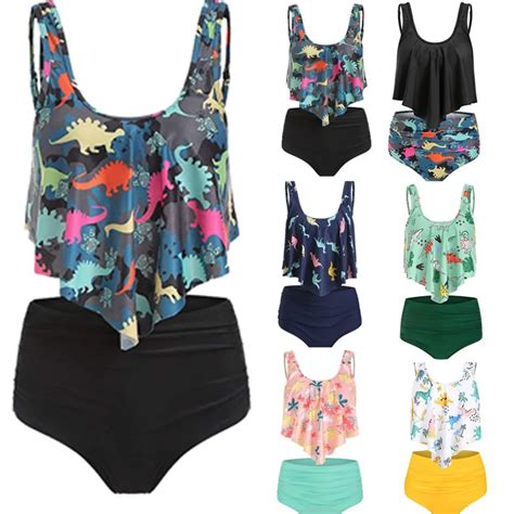 Fashion Ruffle Dinosaur Print Bikini Set Swimsuit High Waist Bathing