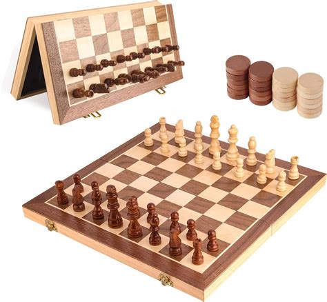 Oocome Wooden Chess And Checkers Board Game Set Magnetic Chess Set For