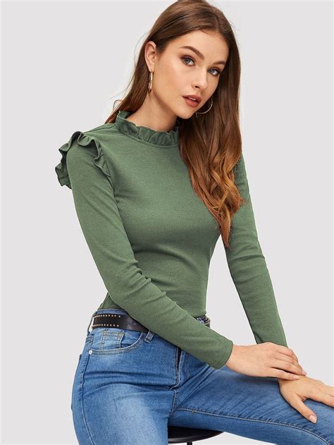 Frill Detail Keyhole Back Rib Knit Fitted Top SHEIN SHEINSIDE Rib