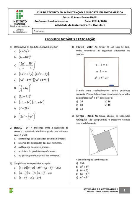 3a Lista Produtos Notaveis E Fatoracao ATIVIDADE DE MATEMTICA I