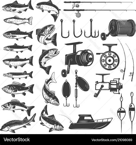 Set Of Fishing Icons Fish Rods Royalty Free Vector Image