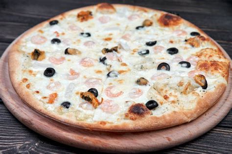 Seafood Italian Pizza With Shrimp Squid Mussels Fresh Herbs And