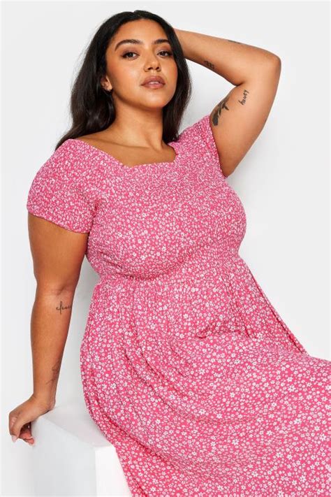 Yours Plus Size Pink Ditsy Floral Print Shirred Bardot Maxi Dress Yours Clothing