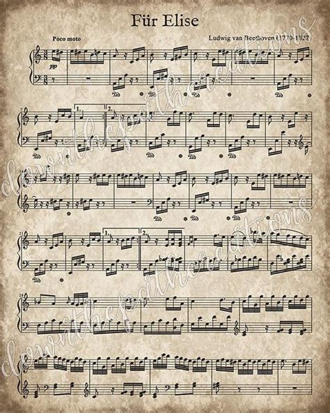 Fur Elise Printable Vintage Sheet Music Instant Download Beethoven