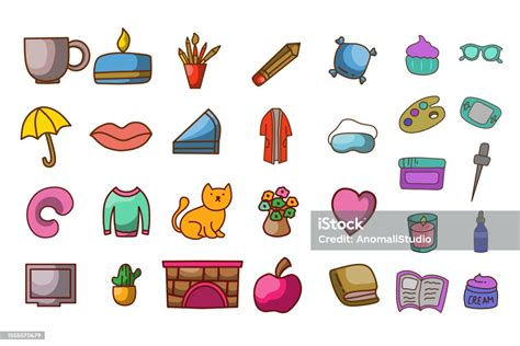 Whimsical Vector Hand Draw Doodle Icon Set Stock Illustration