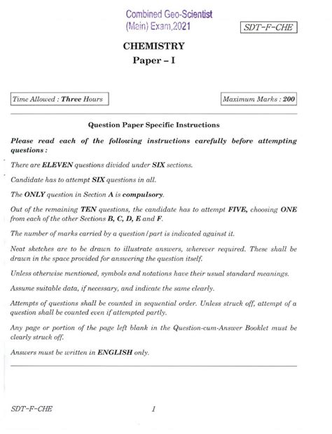 Combined Geo Scientist And Geologist Chemistry Paper I Examination