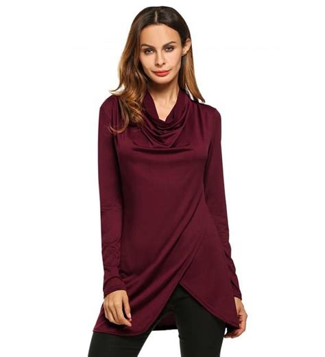 Womens Long Sleeve Solid Tunic Top Cowl Collar Hankerchief Hem Shirt Wine Red C412nysaftv