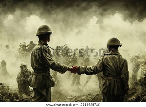 soldiers shake hands   stock illustration