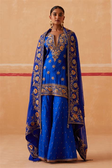 Buy Blue Kurta And Gharara Pure Silk Embroidery Zardozi Notched Devi