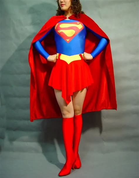 Halloween Superman Costumes Lycra Zentai Spandex Superhero Catsuit With Cape For Women In Zentai