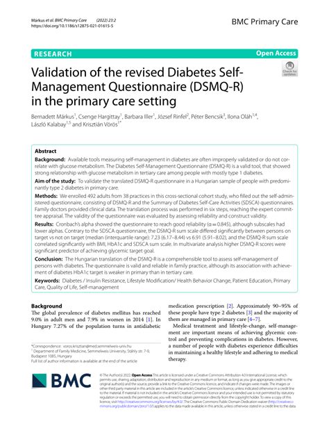 Pdf Validation Of The Revised Diabetes Self Management Questionnaire Dsmq R In The Primary