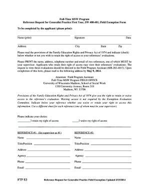 Fillable Online Socwork Wisc Reference Request For Field Exemption Form