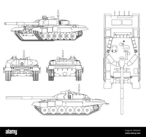 Set with contours of a battle tank from black lines isolated on a white ...