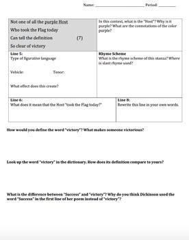 "Success is Counted Sweetest" Emily Dickinson Poem Worksheet Study Guide