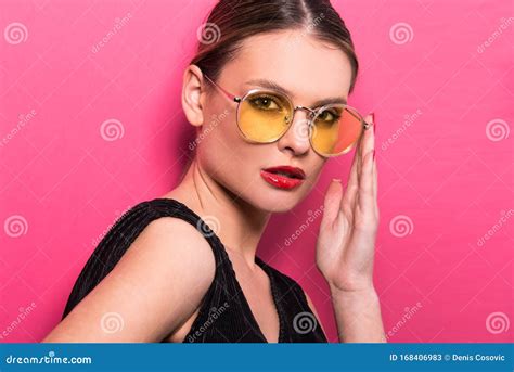 Fashion Vogue Model Young Woman Holding Glasses Stock Image Image Of