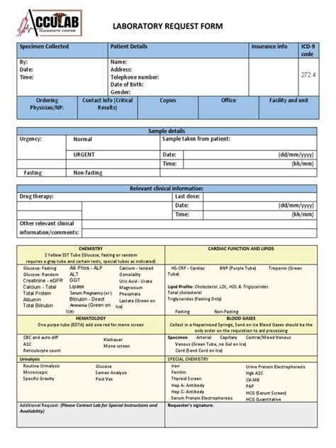 Laboratory Request Form Specimen Collected Patient Details Insurance Info Icd 9 Code Pdf